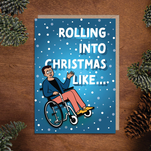 Rolling into Christmas Like Inclusive Wheelchair Christmas Card